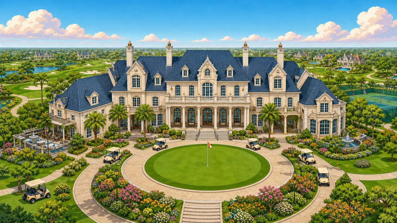 The Marigold Ridge clubhouse, a cream French château with slate-blue roofs, facing a round putting green